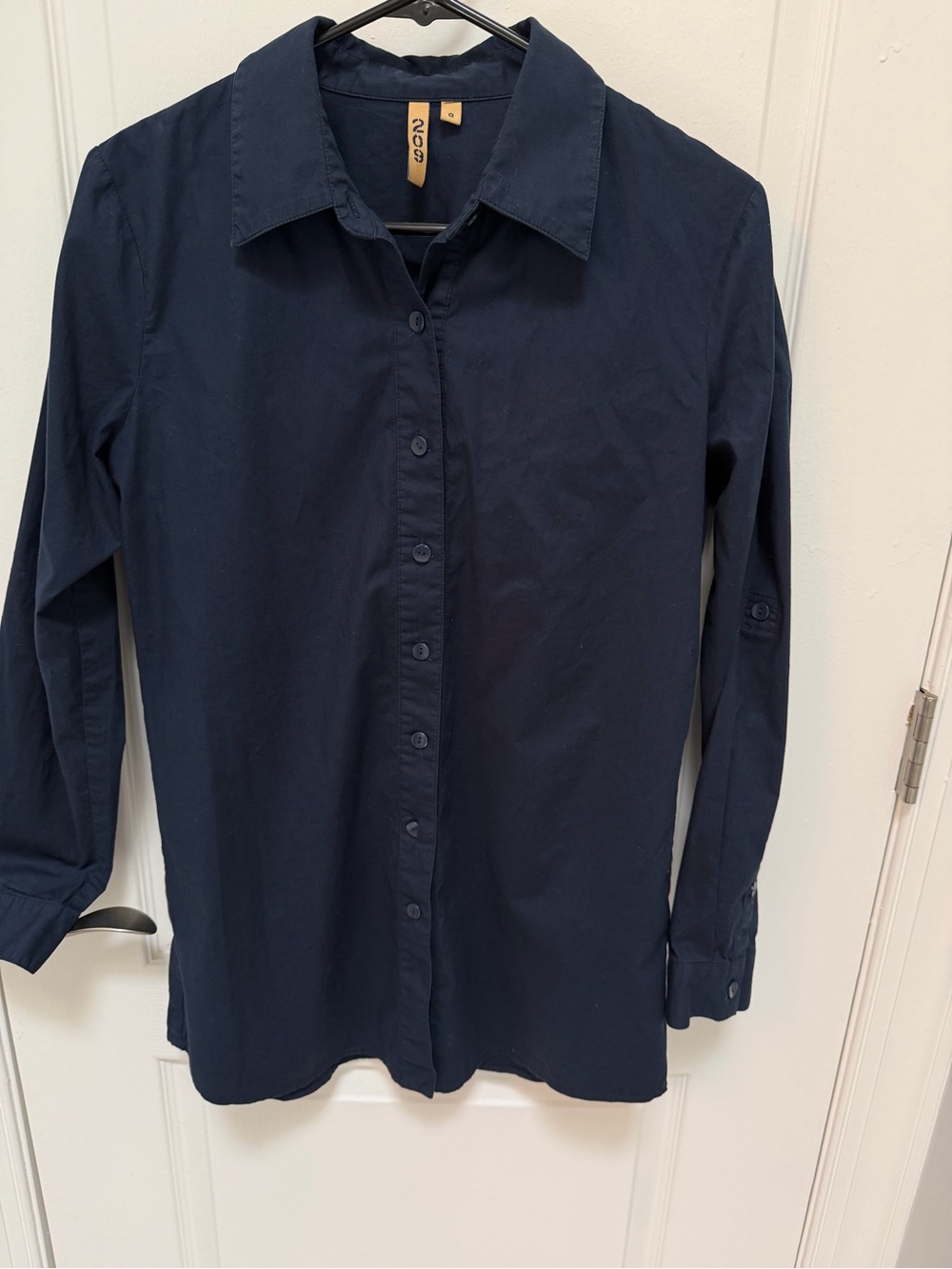 Women’s 209 Navy Button-Down Shirt, Long Sleeve with roll up tabs, Size 8